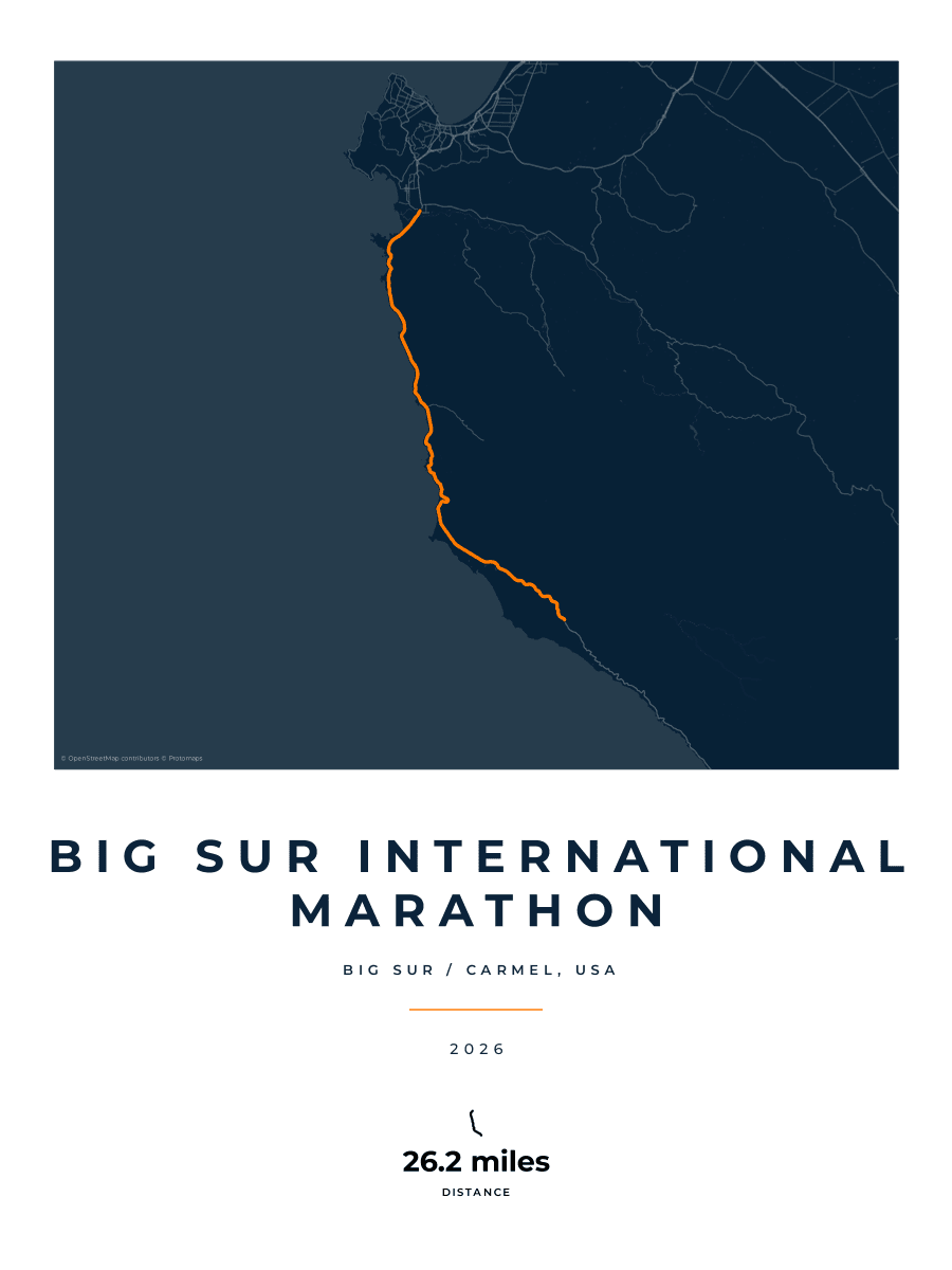 Big Sur International Marathon route poster preview in the Race Blueprint artwork style