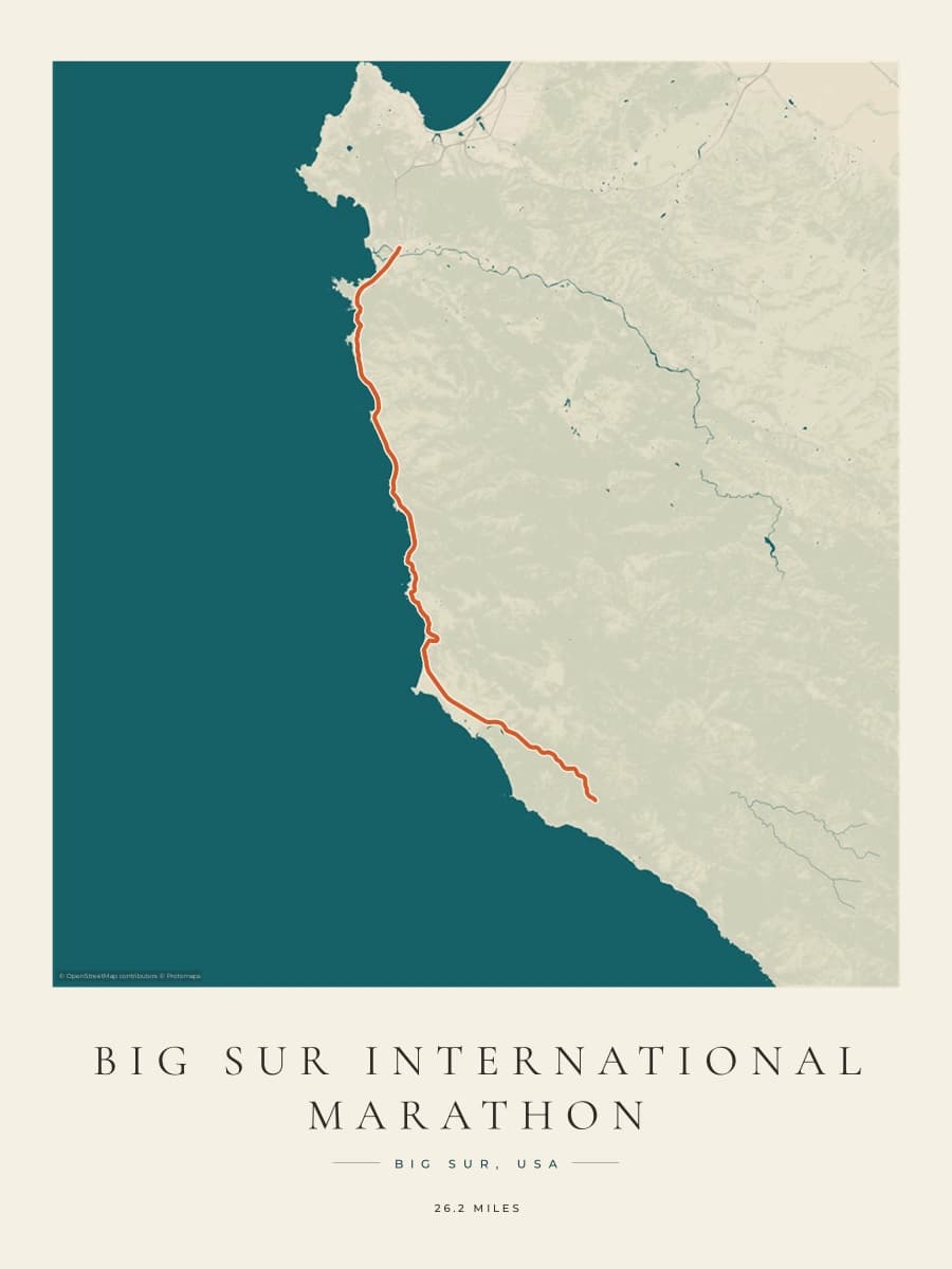 Big Sur International Marathon route poster preview in the Coastal Atlas artwork style