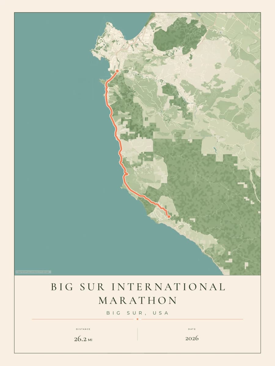 Big Sur International Marathon route poster preview in the Parkland artwork style
