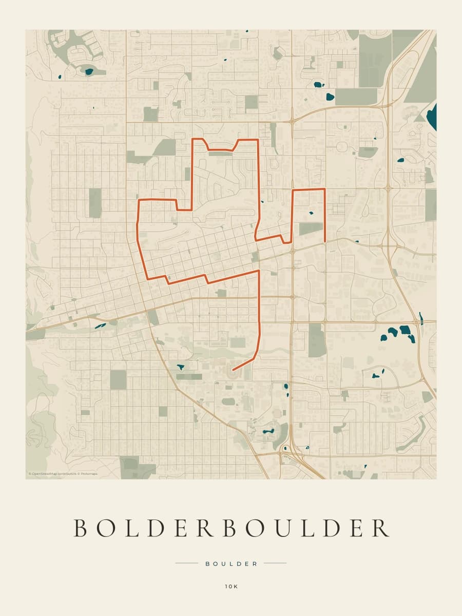 BOLDERBoulder route map poster preview in the Coastal Atlas artwork style