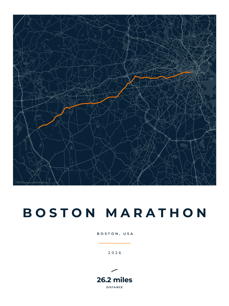 Boston Marathon route poster preview in the Race Blueprint artwork style