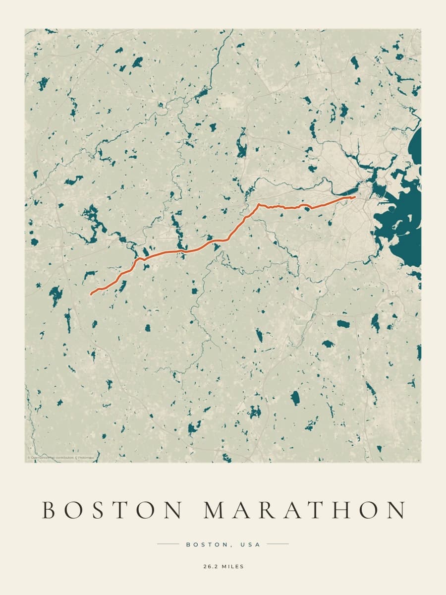 Boston Marathon route poster preview in the Coastal Atlas artwork style