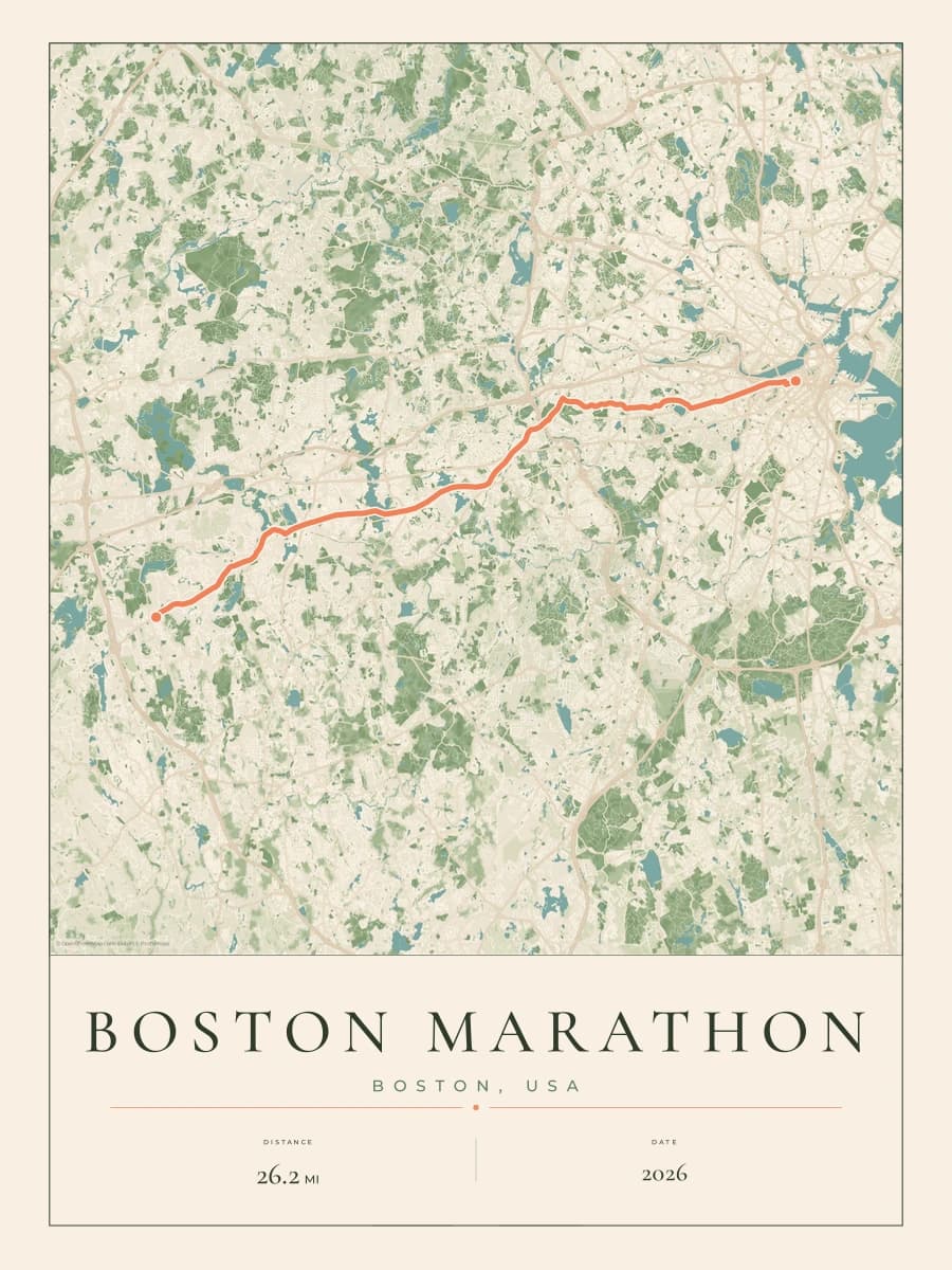 Boston Marathon route poster preview in the Parkland artwork style