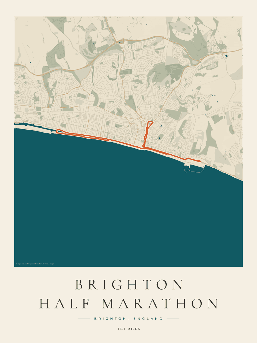 Route Into Art poster render for the Brighton Half Marathon route in the Coastal Atlas artwork style