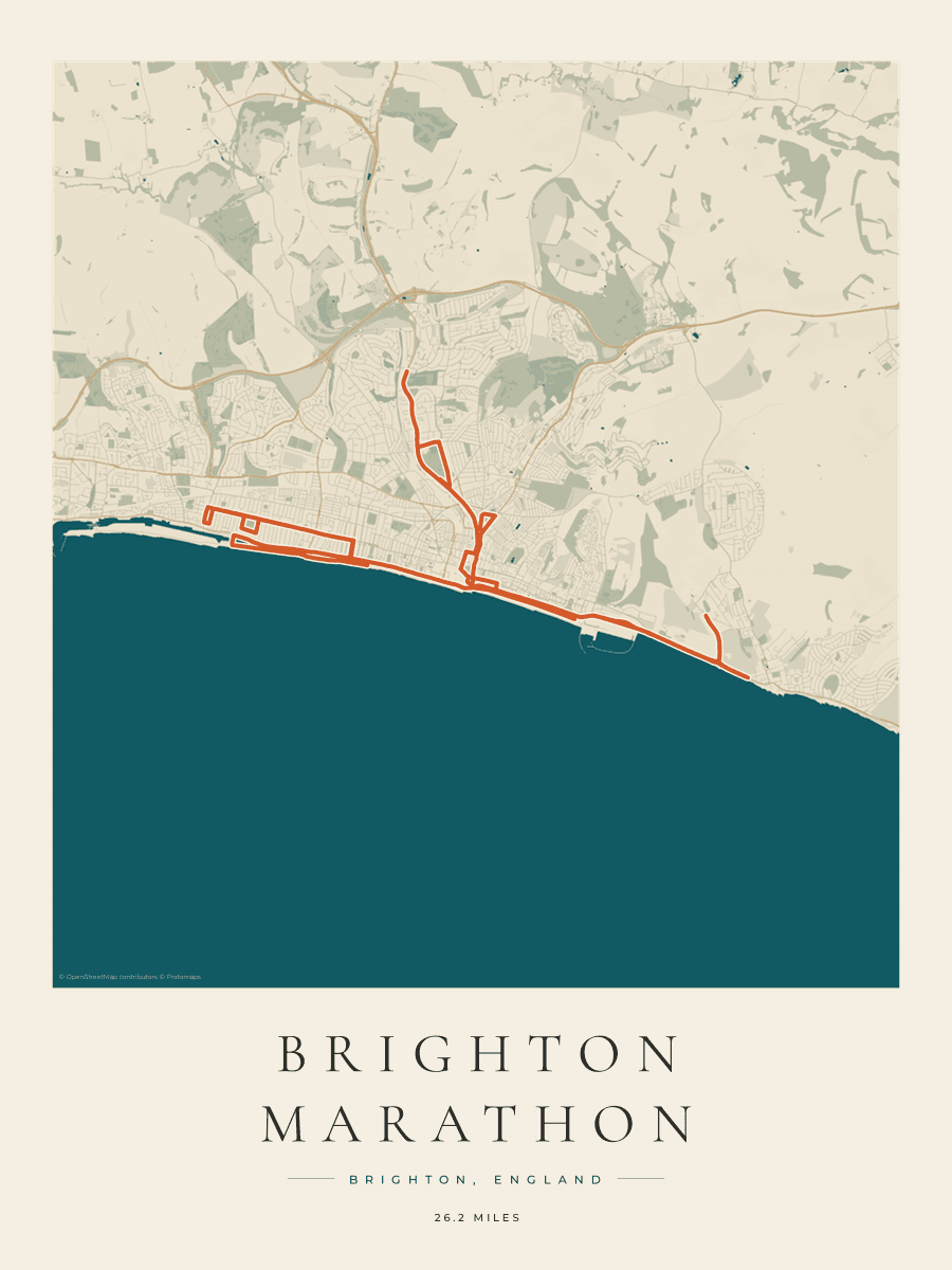 Brighton Marathon route poster preview in the Coastal Atlas artwork style