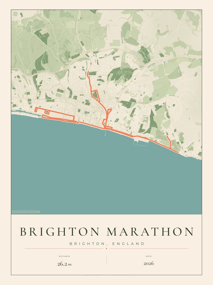 Brighton Marathon route poster preview in the Parkland artwork style