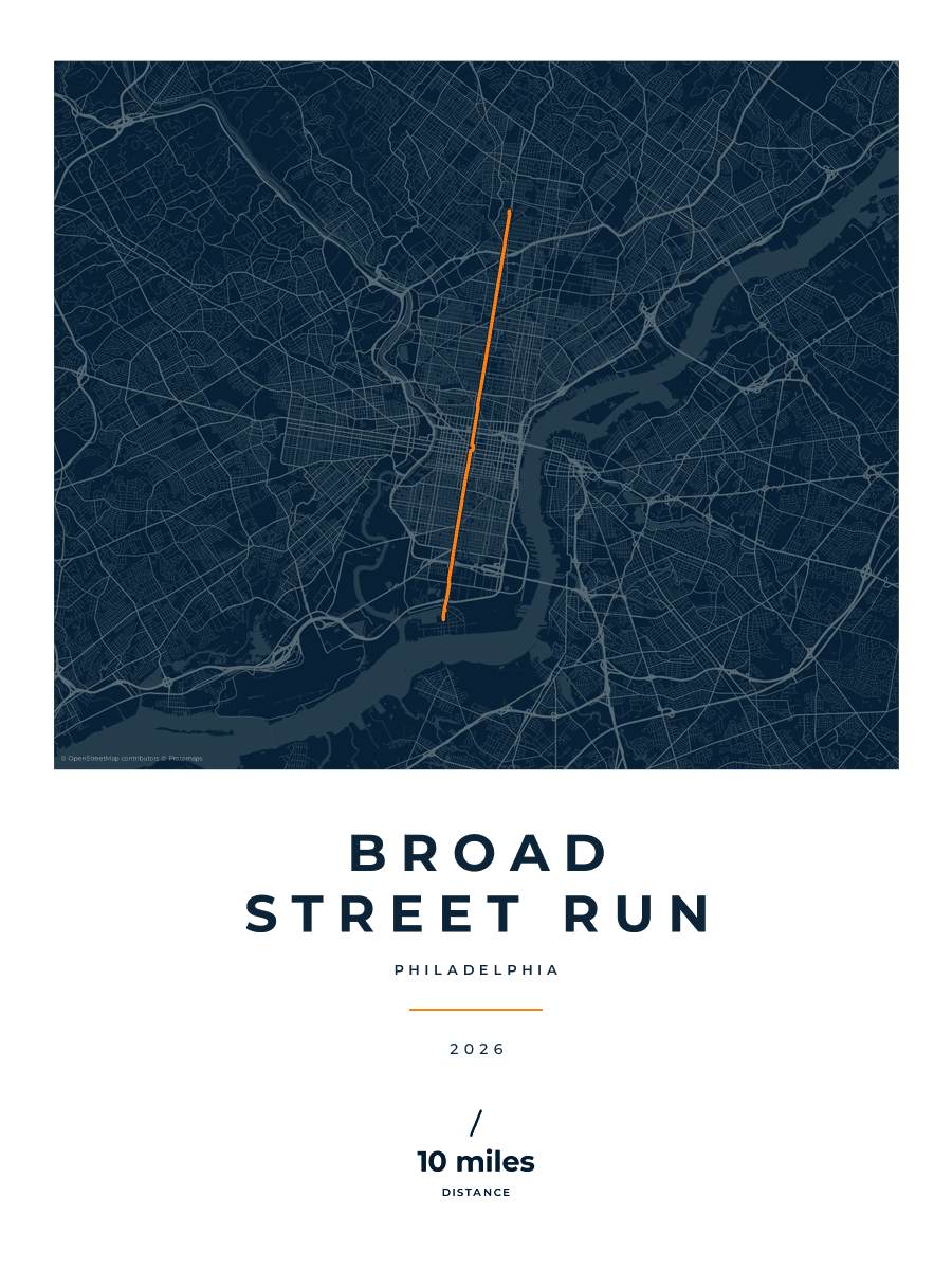 Broad Street Run route map poster preview in the Race Blueprint artwork style