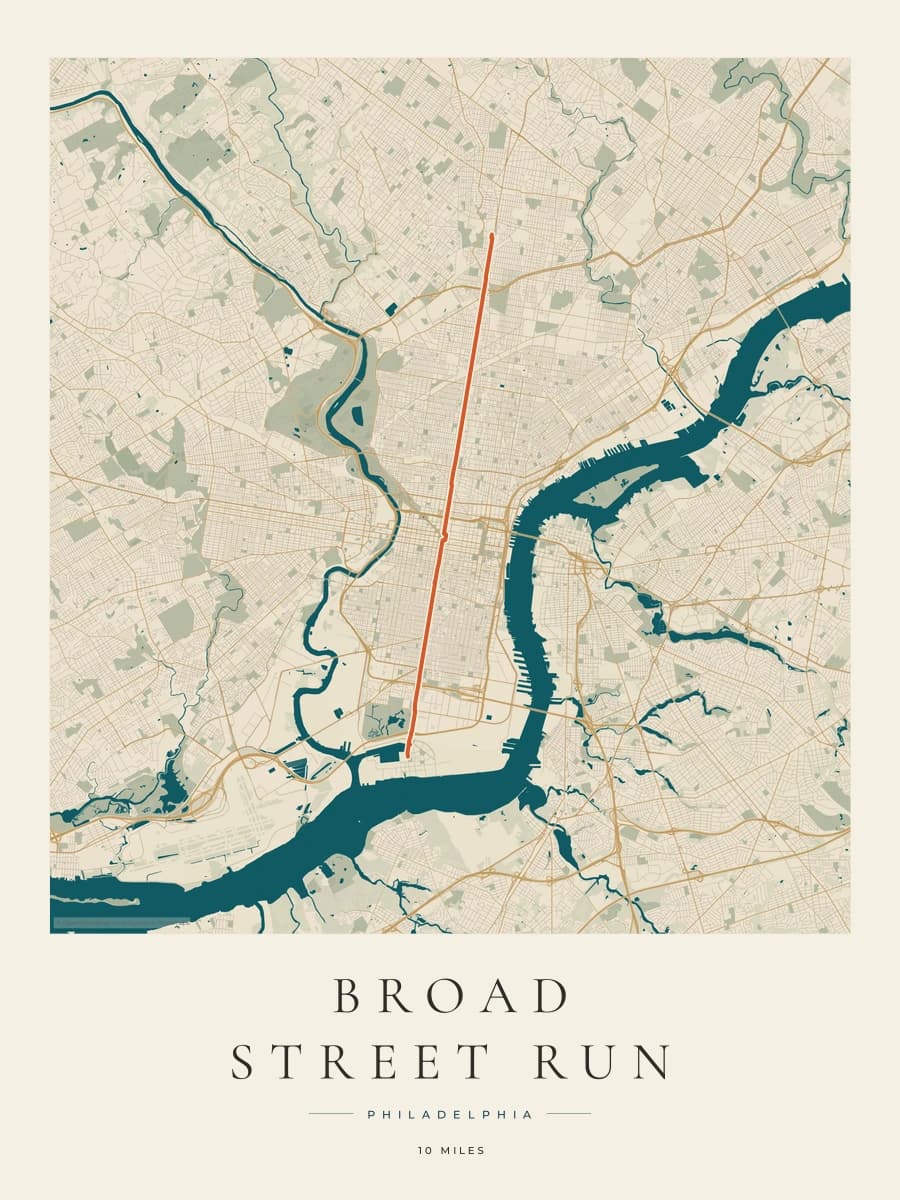 Broad Street Run route map poster preview in the Coastal Atlas artwork style