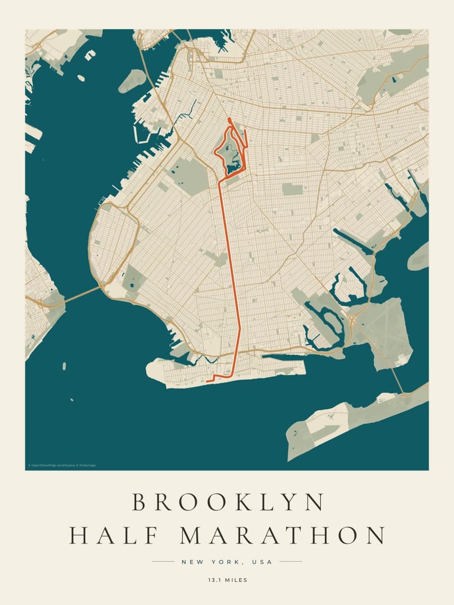 Brooklyn Half Marathon route poster preview in the Coastal Atlas artwork style