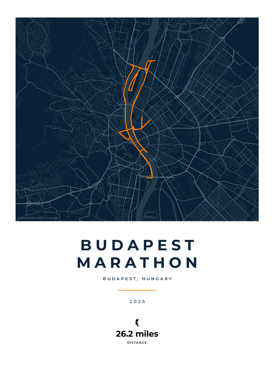 Budapest Marathon route poster preview in the Race Blueprint artwork style