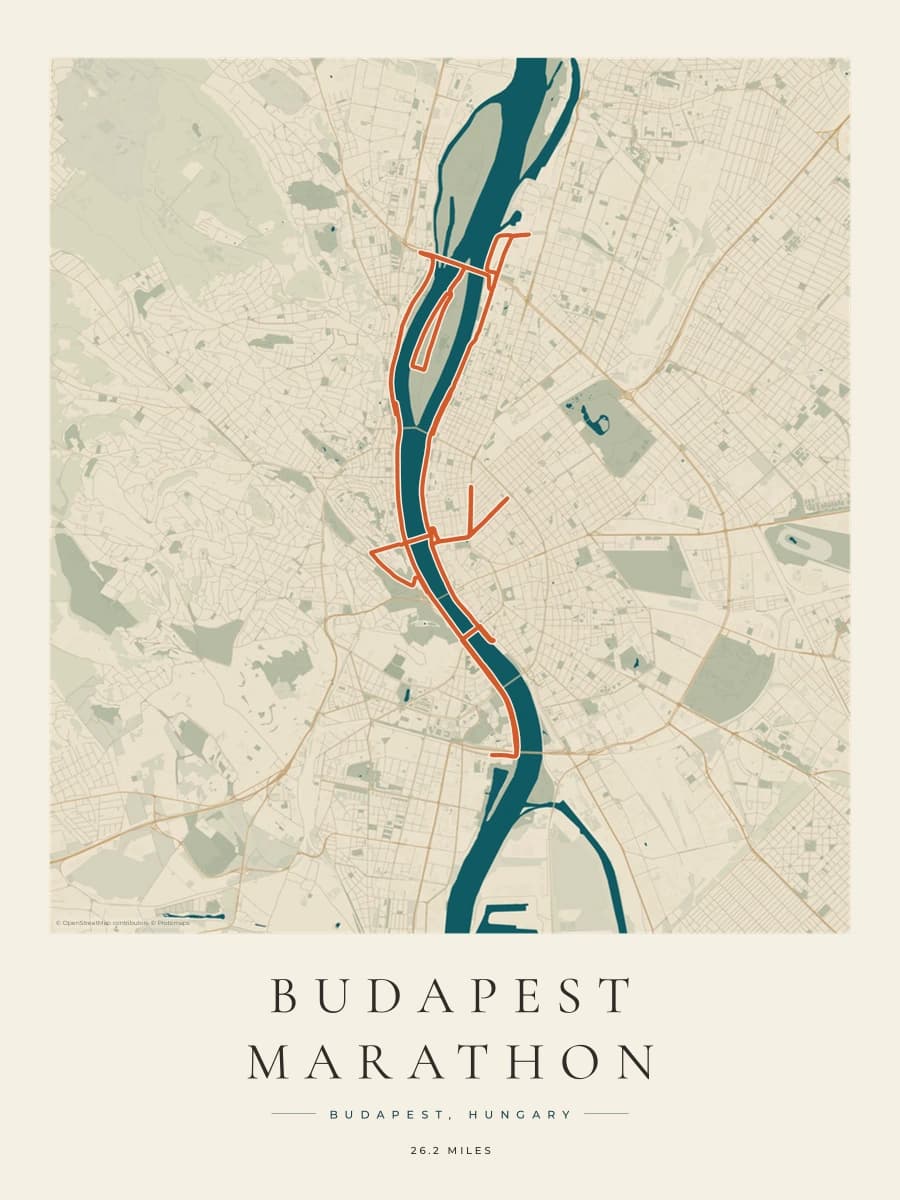 Budapest Marathon route poster preview in the Coastal Atlas artwork style