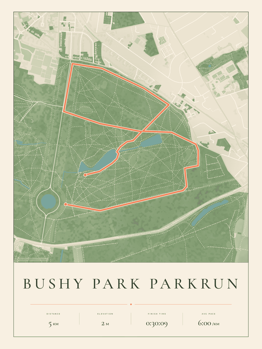 Route Into Art poster render for Bushy Park Parkrun in the Parkland Map artwork style