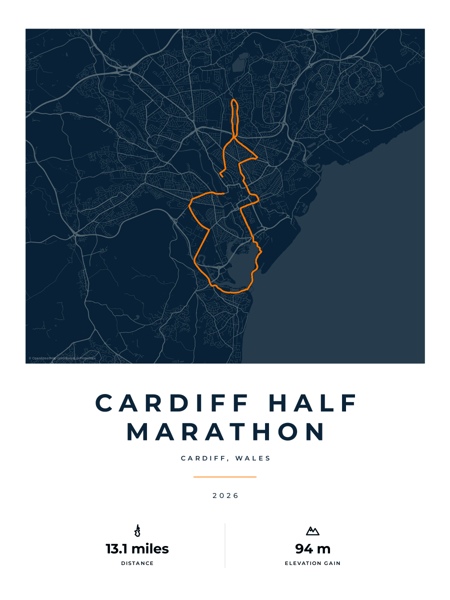 Cardiff Half Marathon route poster preview in the Race Blueprint artwork style