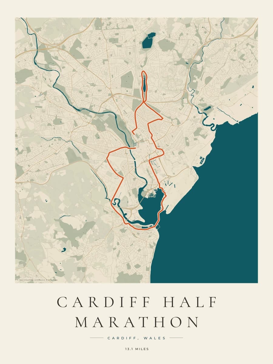 Cardiff Half Marathon route poster preview in the Coastal Atlas artwork style
