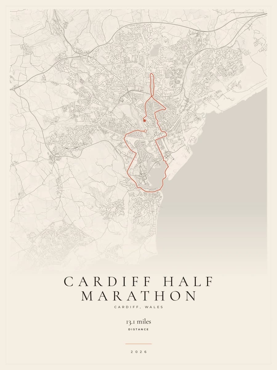 Cardiff Half Marathon route poster preview in the Gallery Mono artwork style