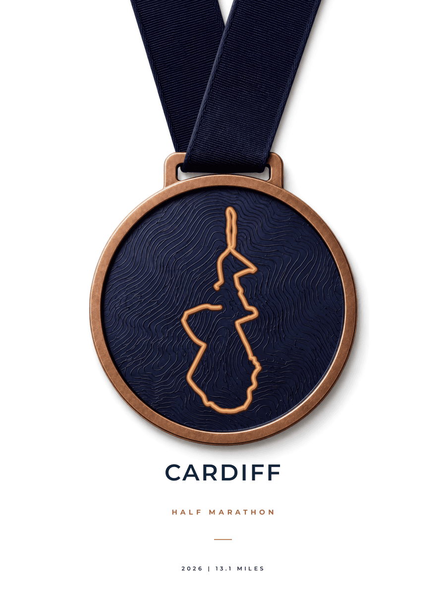 Cardiff Half Marathon route poster preview in the Medal artwork style
