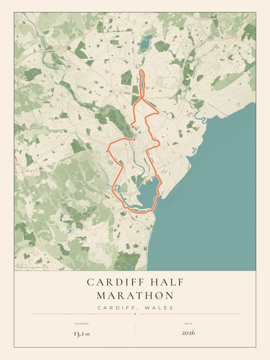 Cardiff Half Marathon route poster preview in the Parkland artwork style