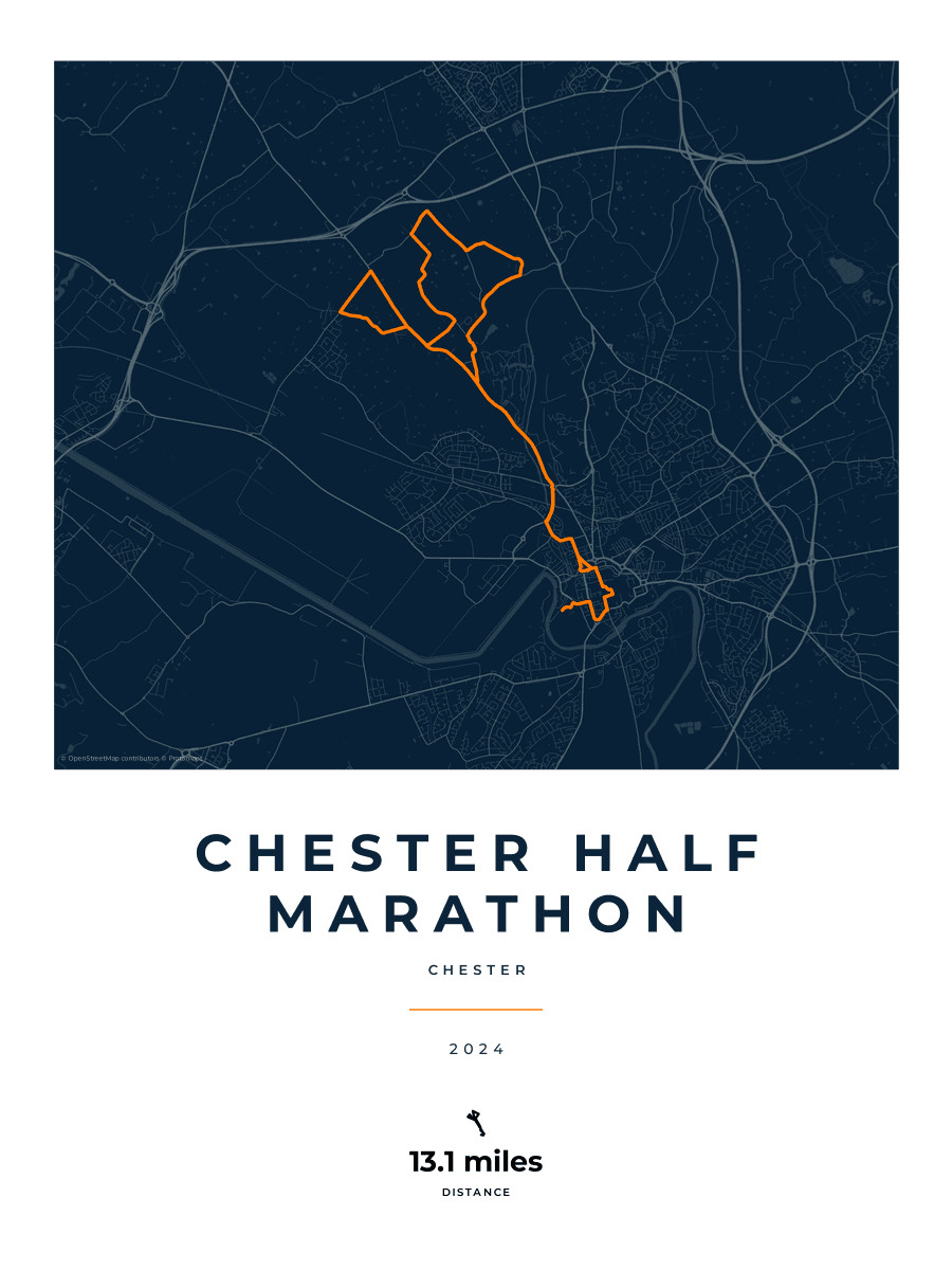 Chester Half Marathon route poster preview in the Race Blueprint artwork style