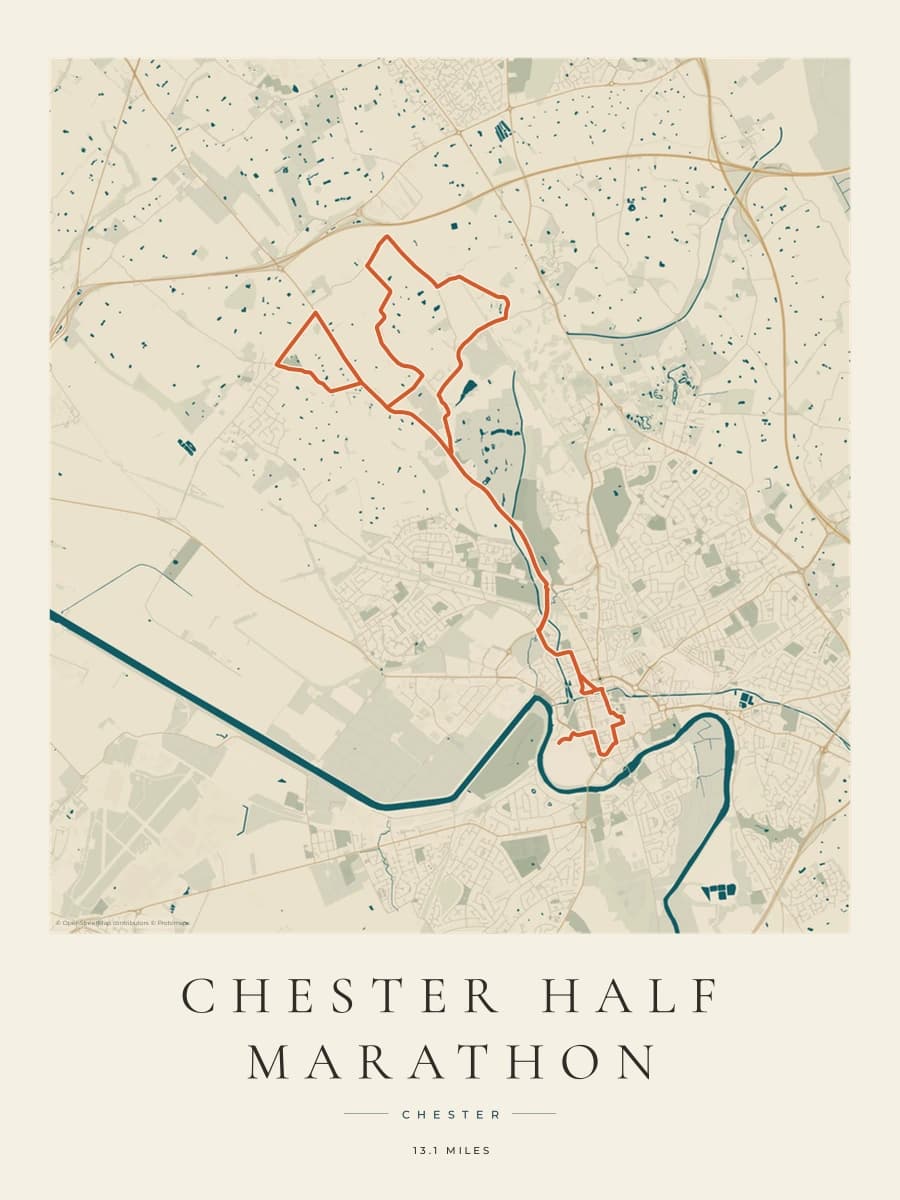 Chester Half Marathon route poster preview in the Coastal Atlas artwork style
