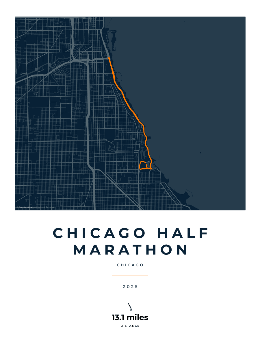 Chicago Half Marathon route map poster preview in the Race Blueprint artwork style