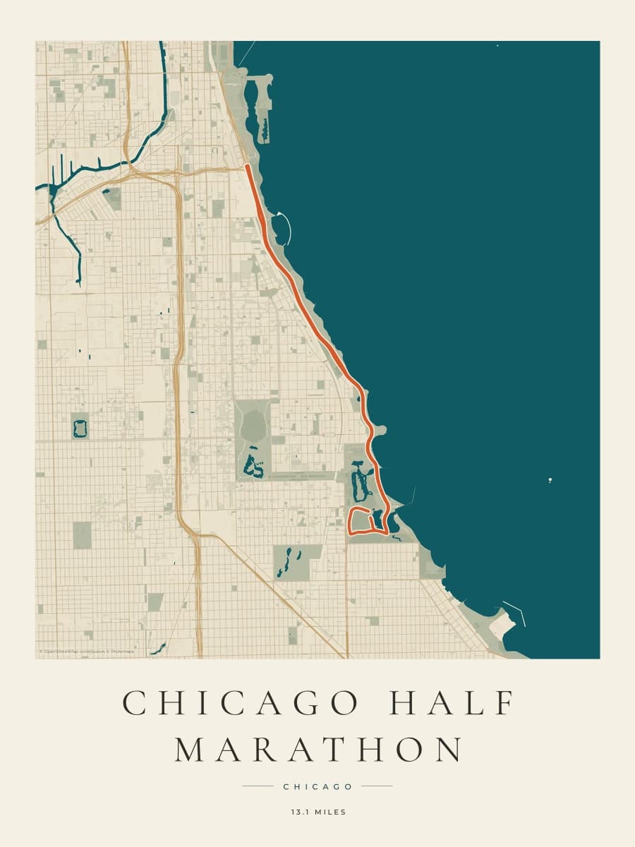 Chicago Half Marathon route map poster preview in the Coastal Atlas artwork style