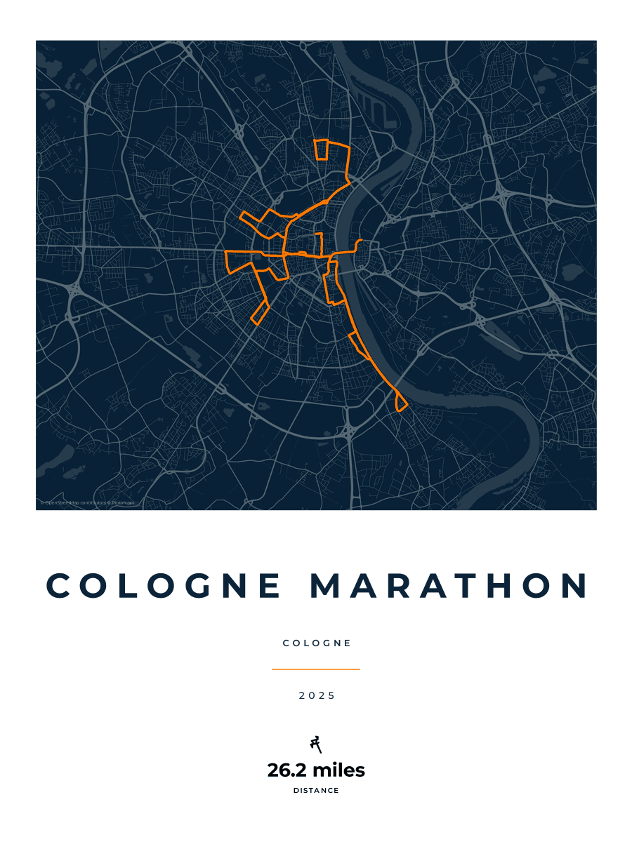 Cologne Marathon route map poster preview in the Race Blueprint artwork style