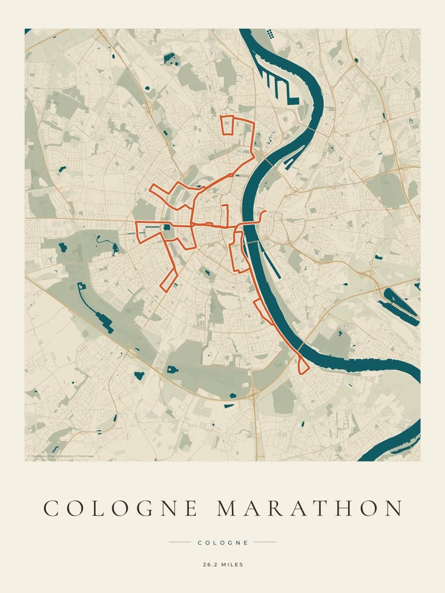 Cologne Marathon route map poster preview in the Coastal Atlas artwork style