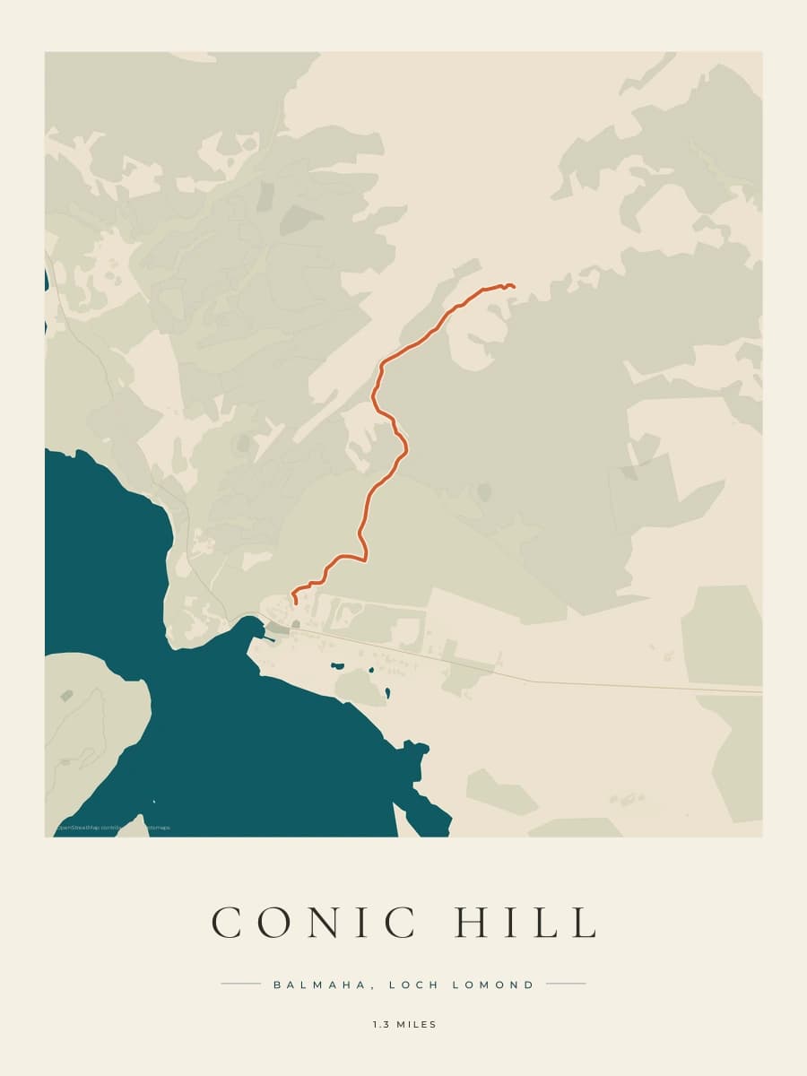 Conic Hill route map poster preview in the Coastal Atlas artwork style