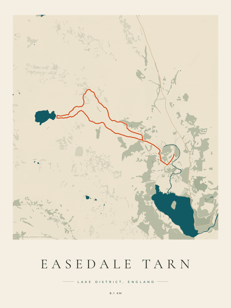 Route Into Art poster render for the Easedale Tarn hiking route in the Coastal Atlas artwork style