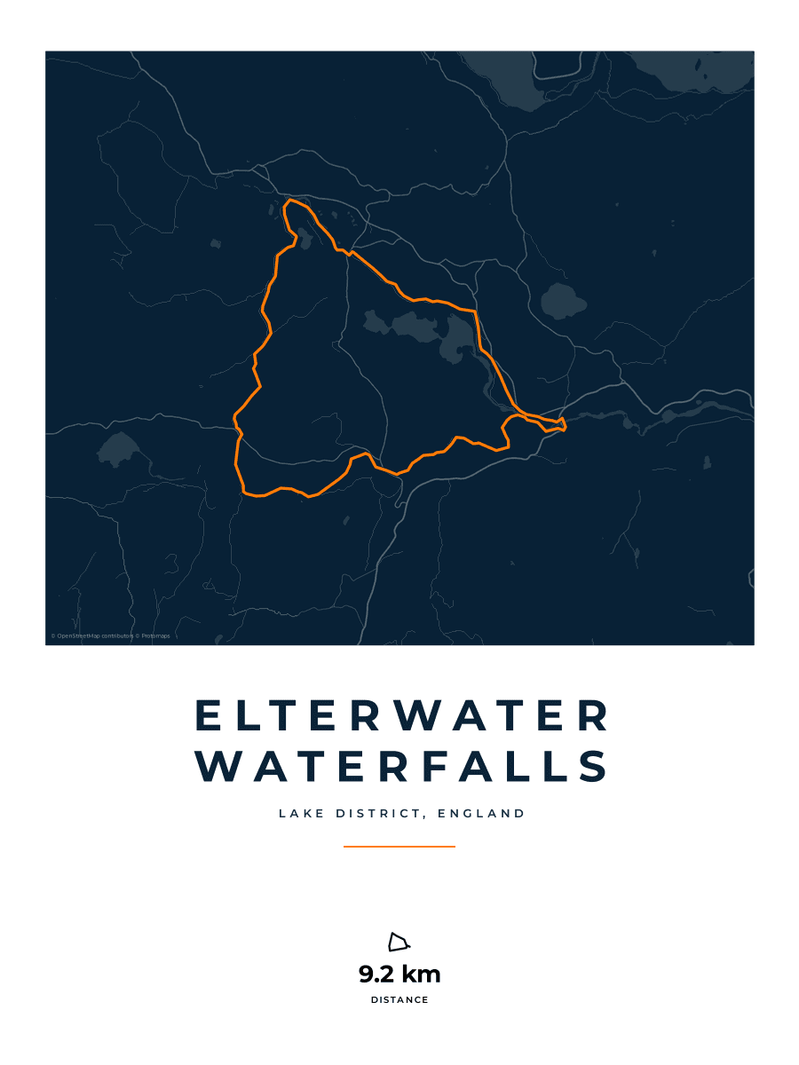Route Into Art poster render for the Elterwater Waterfalls hiking route in the Race Blueprint artwork style