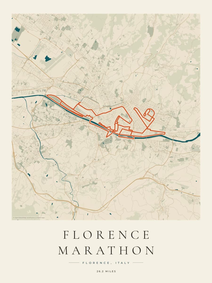 Florence Marathon route poster preview in the Coastal Atlas artwork style