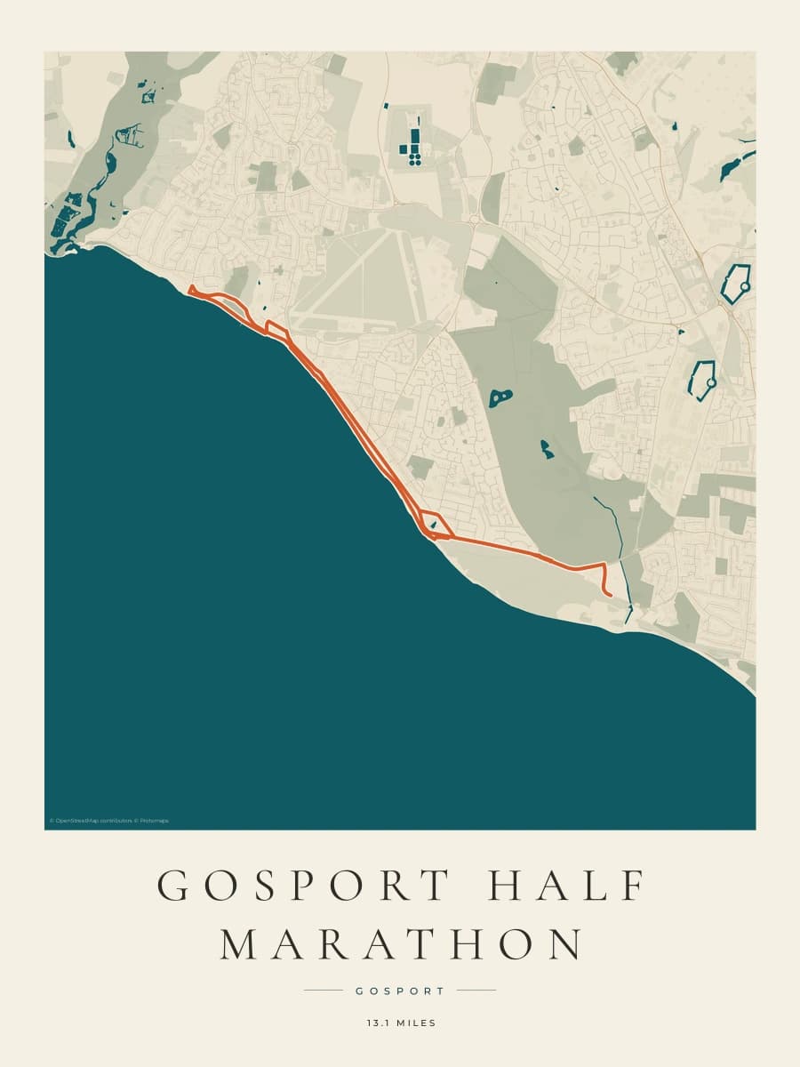Gosport Half Marathon route map poster preview in the Coastal Atlas artwork style