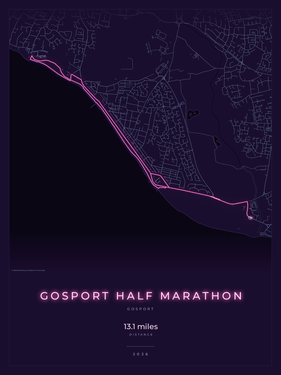 Gosport Half Marathon route map poster preview in the Neon Night artwork style