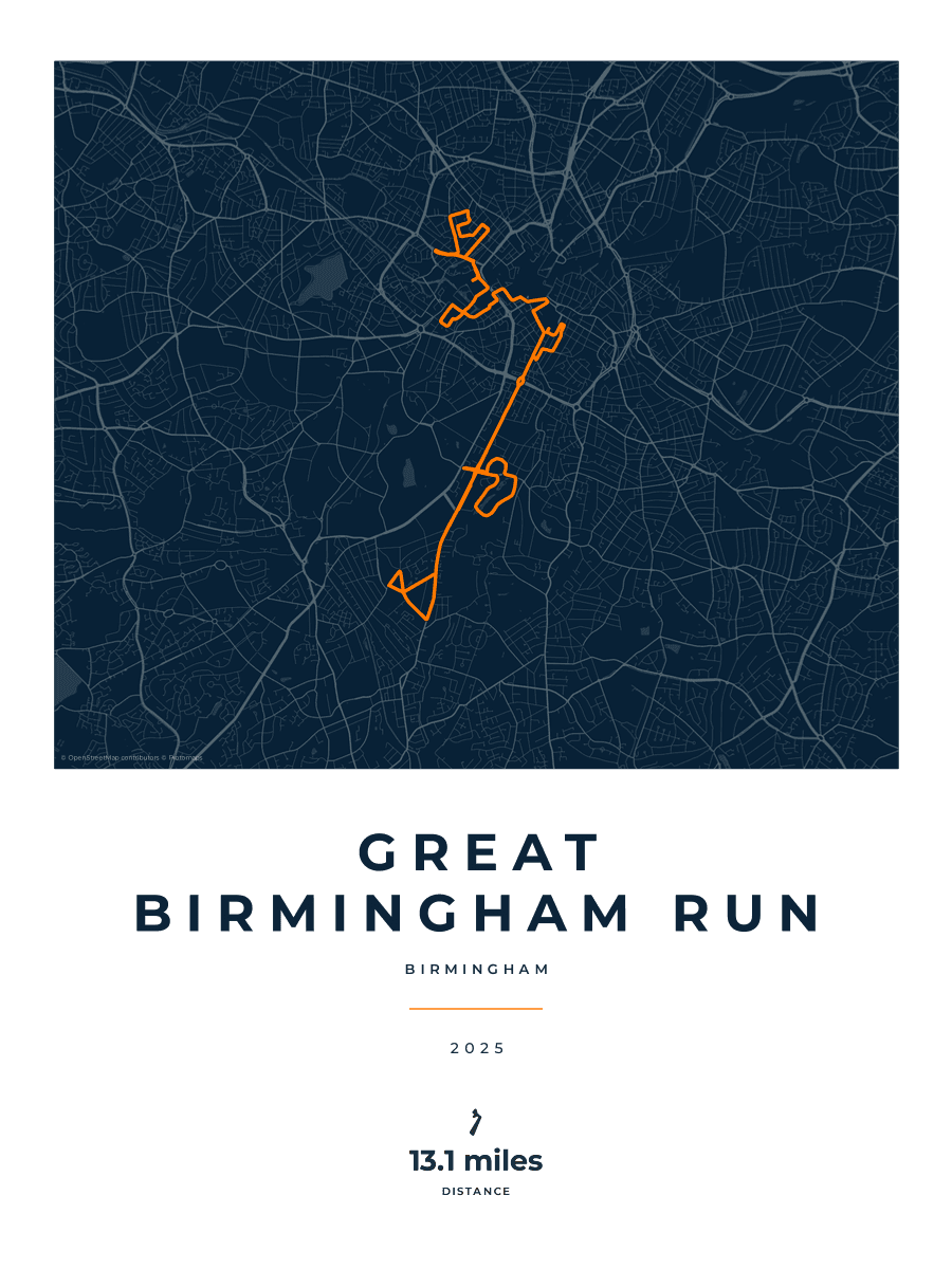 Great Birmingham Run route poster preview in the Race Blueprint artwork style
