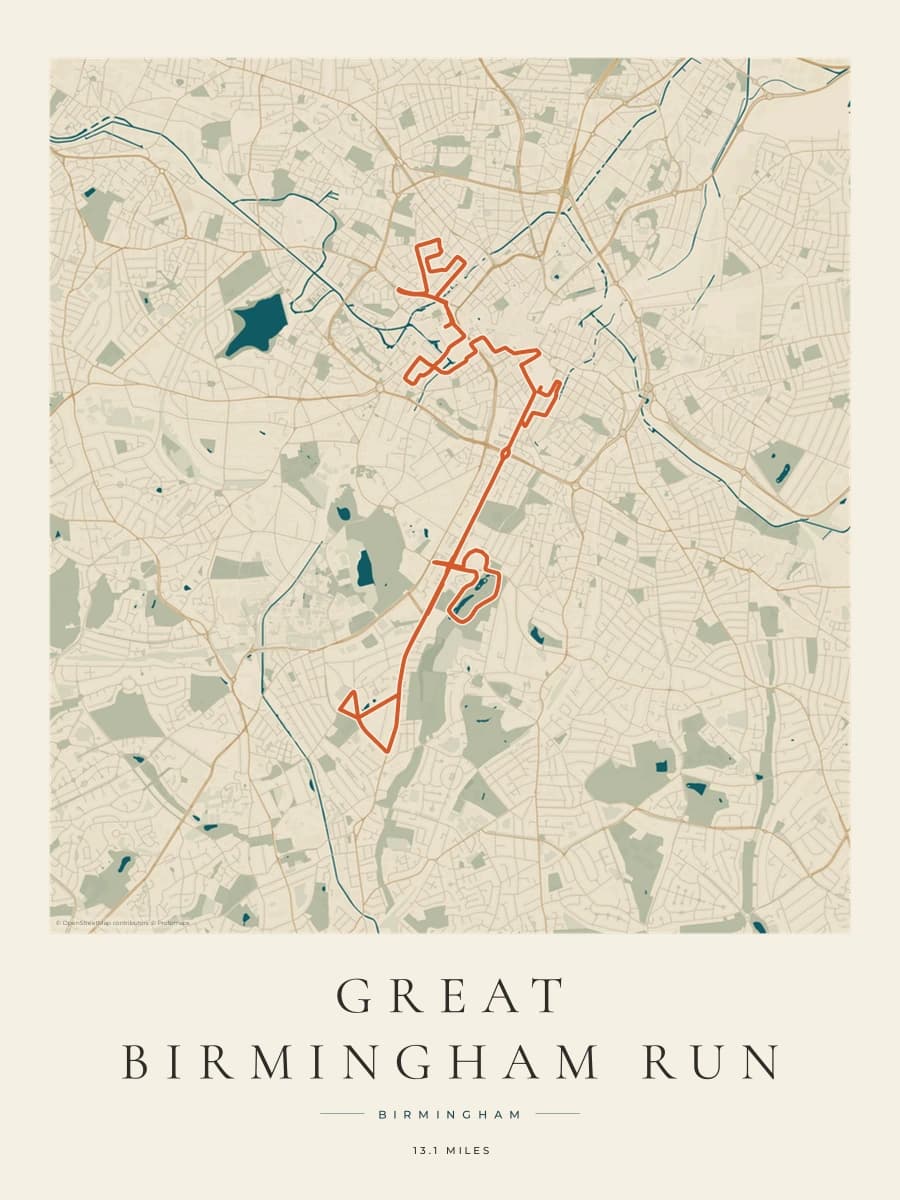 Great Birmingham Run route poster preview in the Coastal Atlas artwork style