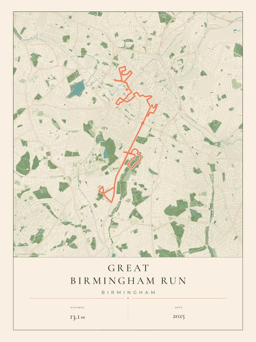 Great Birmingham Run route poster preview in the Parkland artwork style