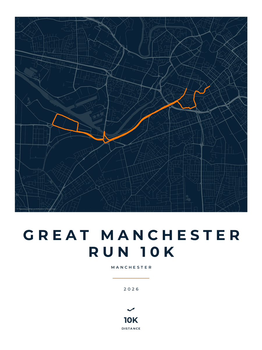 Great Manchester Run 10K route poster preview in the Race Blueprint artwork style