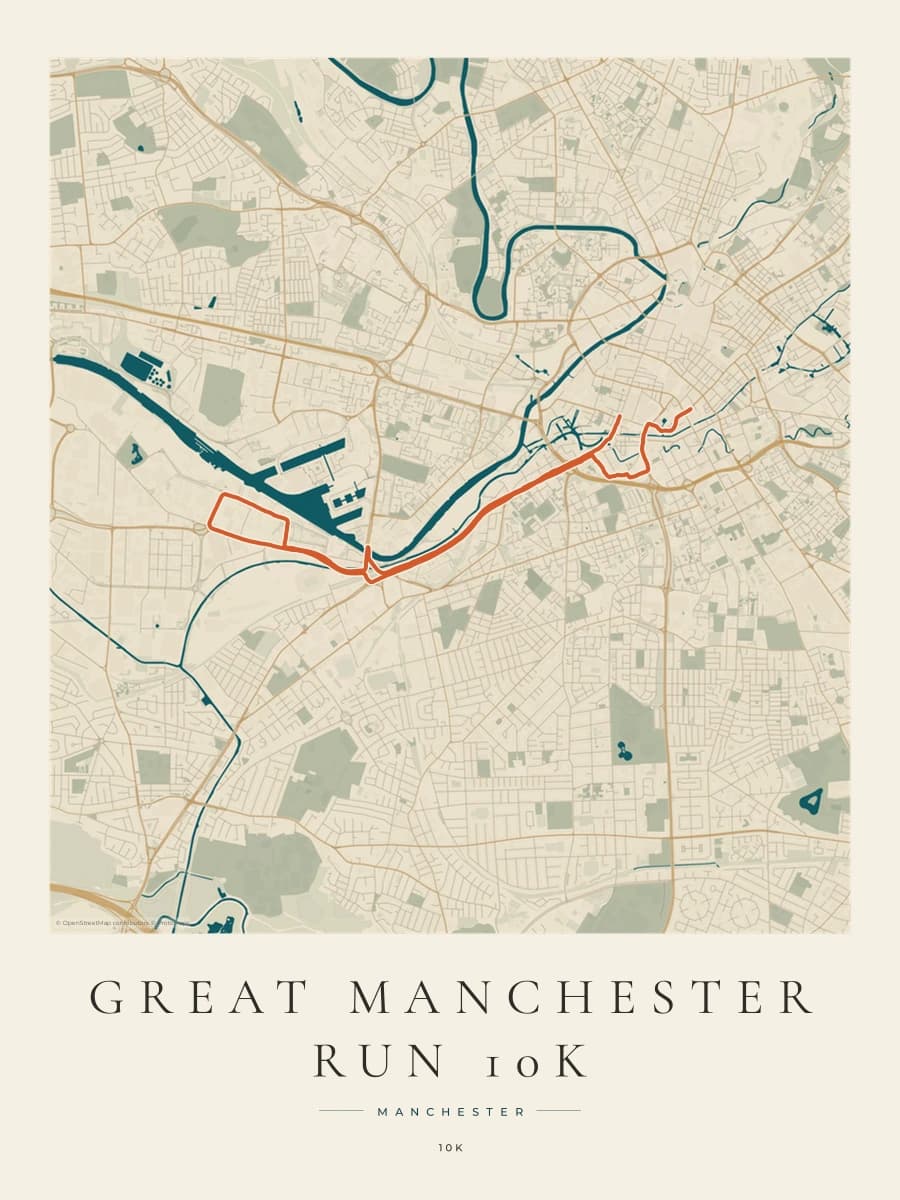 Great Manchester Run 10K route poster preview in the Coastal Atlas artwork style