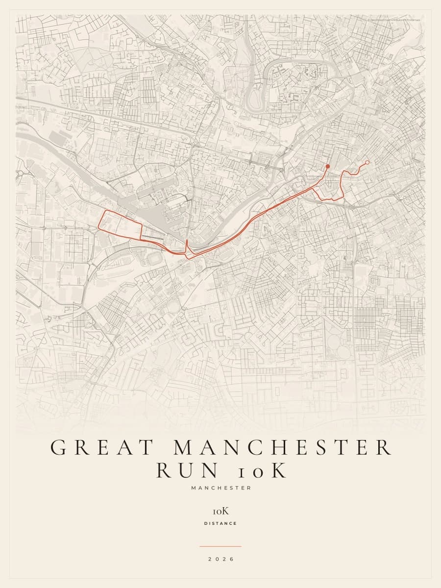 Great Manchester Run 10K route poster preview in the Gallery Mono artwork style