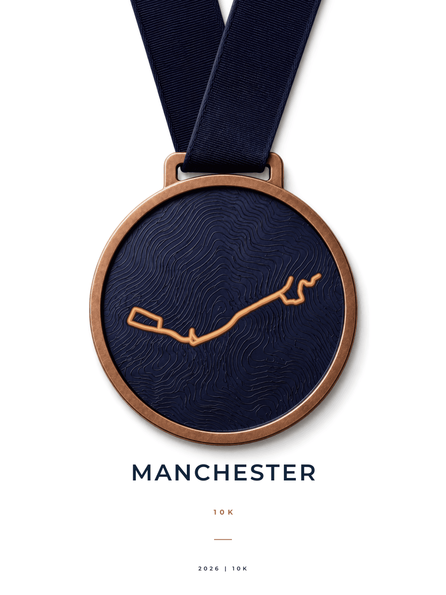 Great Manchester Run 10K route poster preview in the Medal artwork style