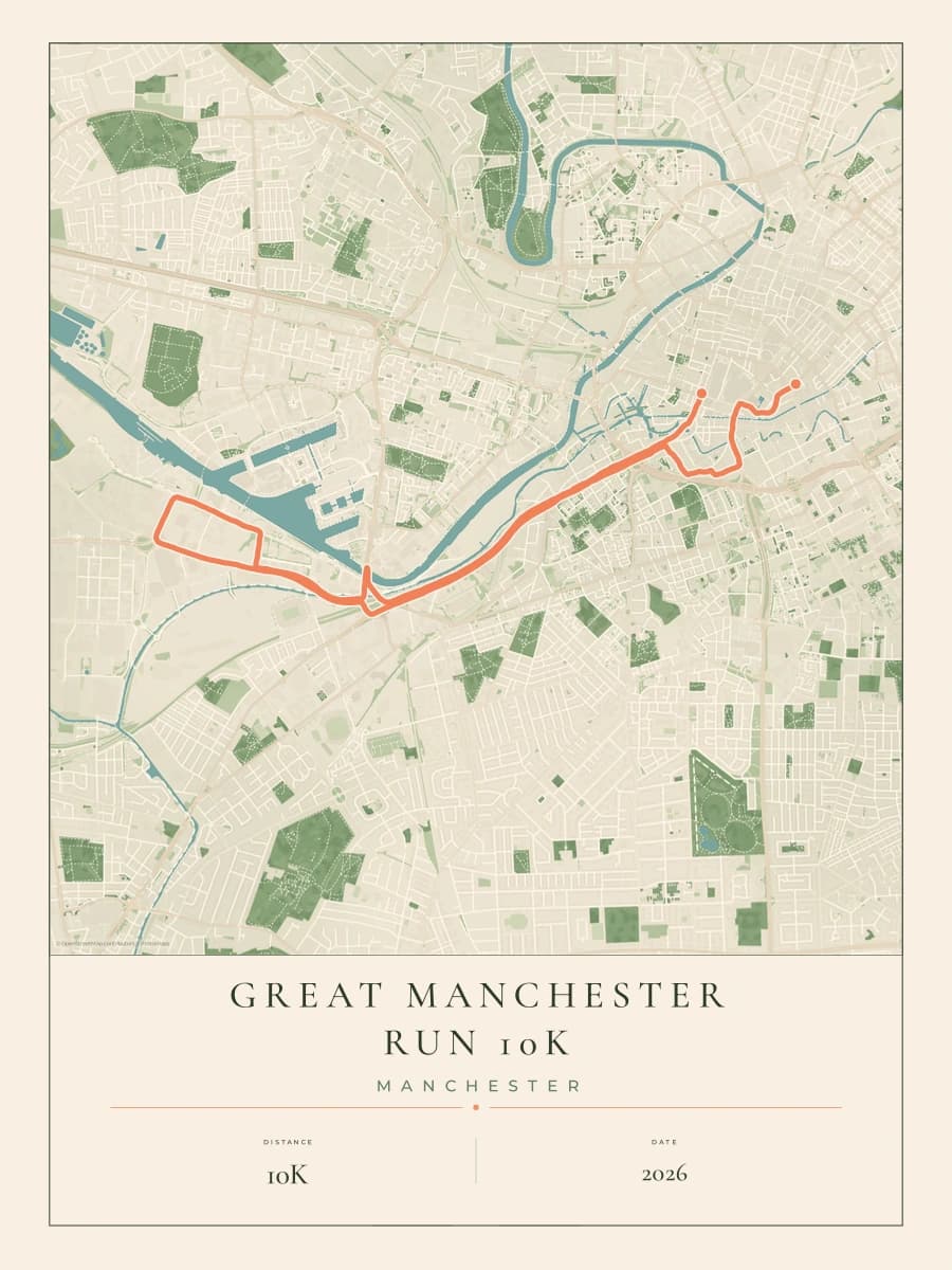 Great Manchester Run 10K route poster preview in the Parkland artwork style