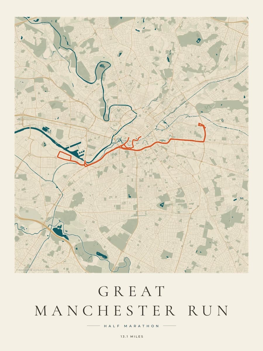 Great Manchester Run Half Marathon route poster preview in the Coastal Atlas artwork style