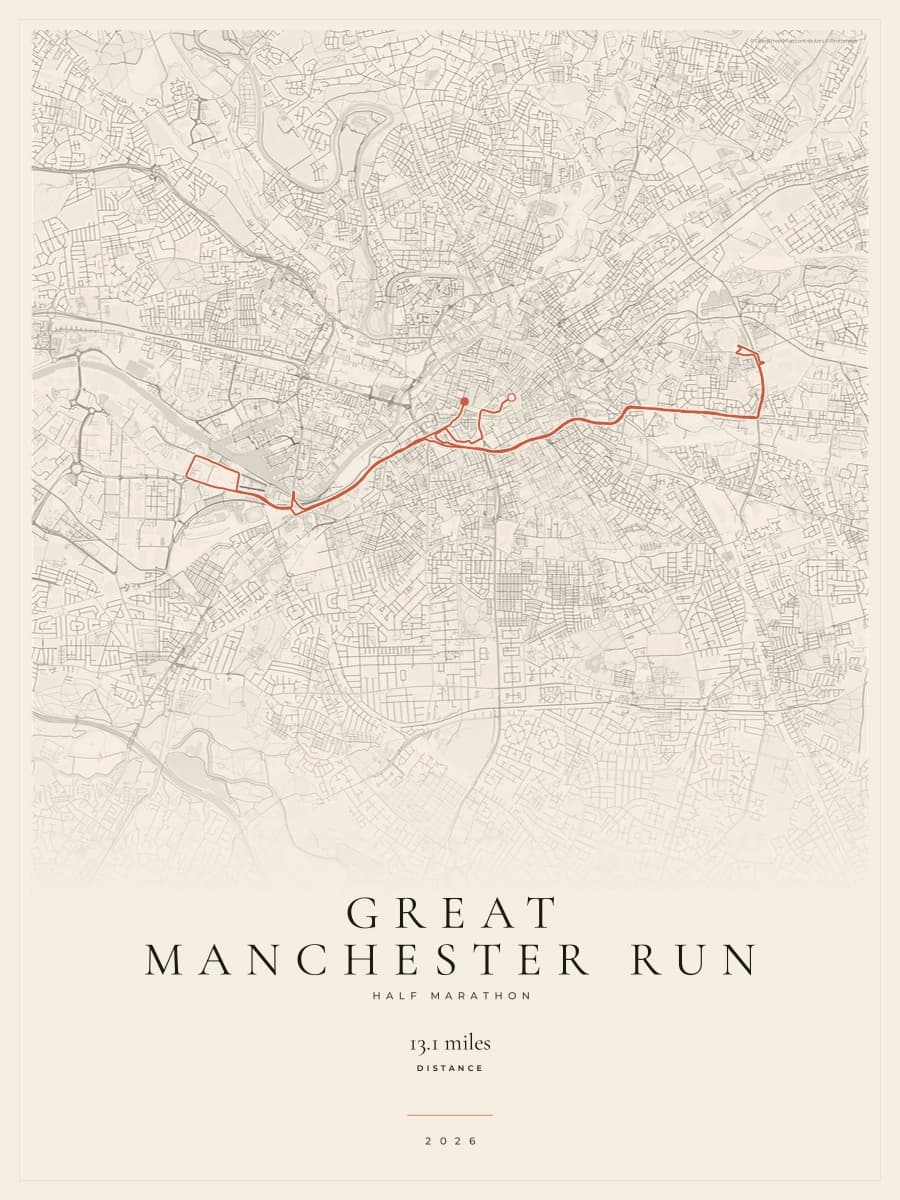 Great Manchester Run Half Marathon route poster preview in the Gallery Mono artwork style