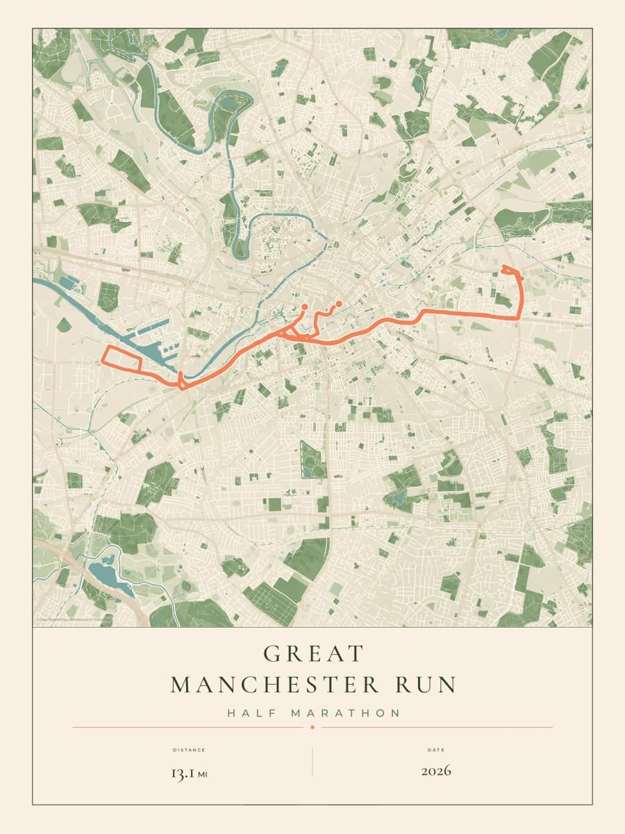 Great Manchester Run Half Marathon route poster preview in the Parkland artwork style
