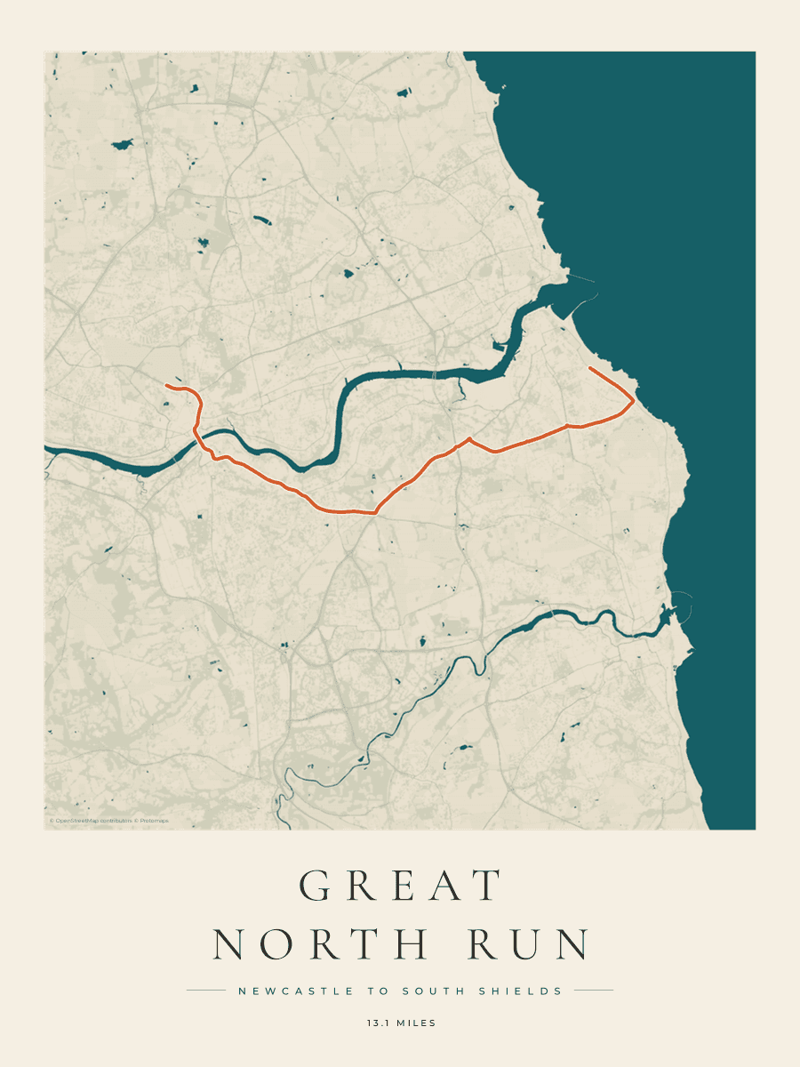 Great North Run route poster preview in the Coastal Atlas artwork style