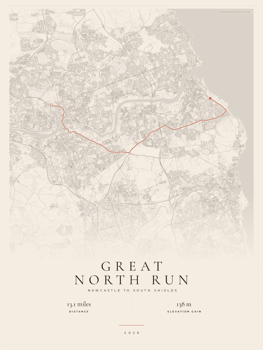 Route Into Art poster render for the Great North Run route in the Gallery Mono artwork style