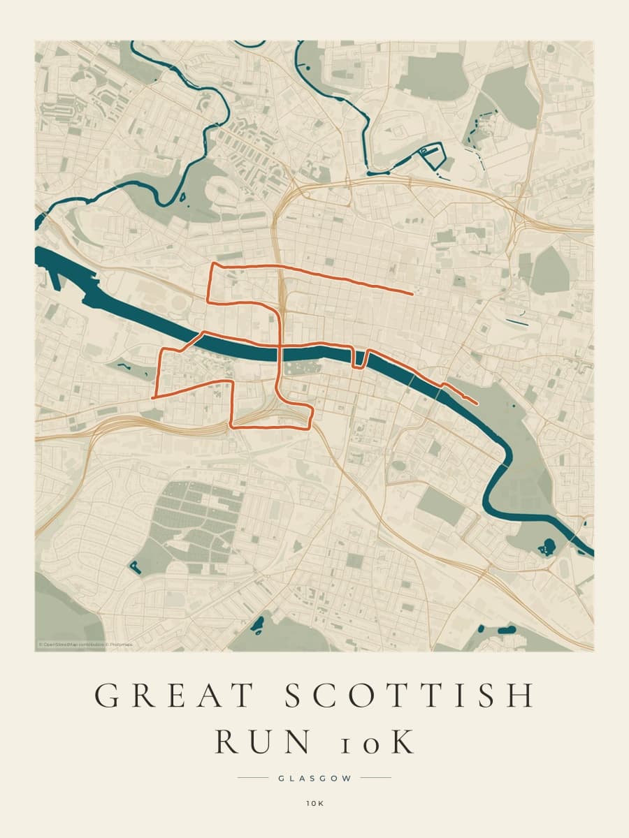 Great Scottish Run 10K route poster preview in the Coastal Atlas artwork style