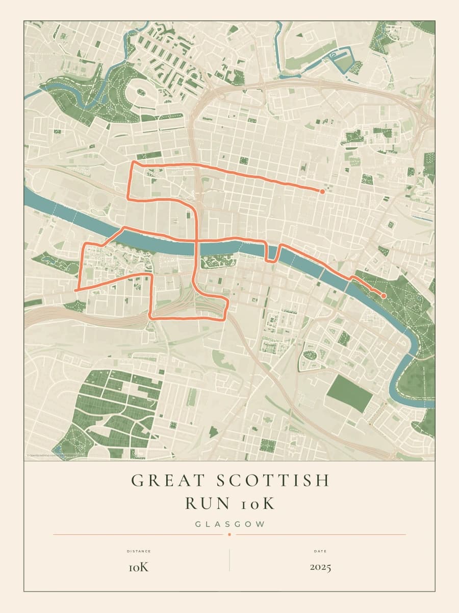 Great Scottish Run 10K route poster preview in the Parkland artwork style