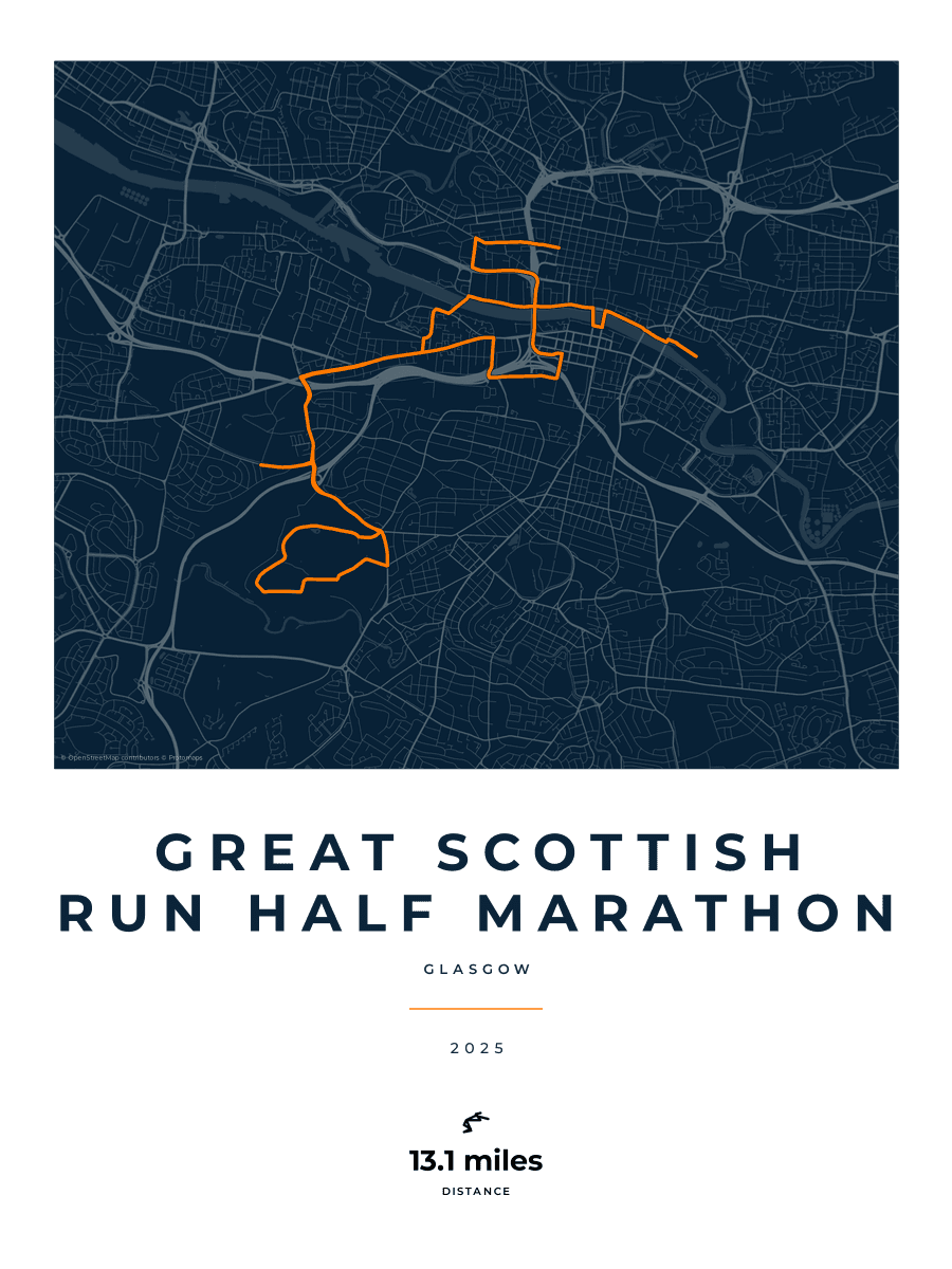 Great Scottish Run Half Marathon route poster preview in the Race Blueprint artwork style