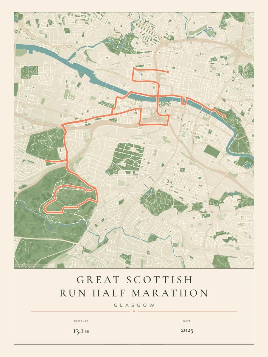 Great Scottish Run Half Marathon route poster preview in the Parkland artwork style